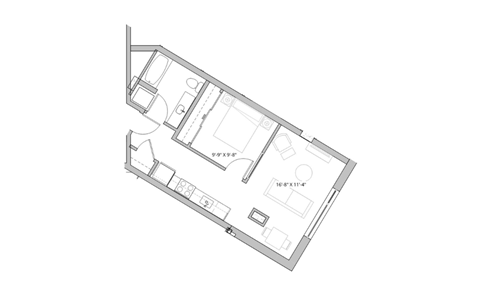 a small floor plan of a bedroom with a bathroom and a closet